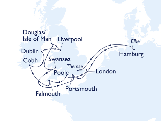 Routenkarte Jubiläumsreise: 35 Jahre Plantours Kreuzfahrten – Britain is great!