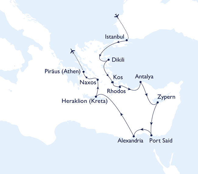 Routenkarte Vom Orient nach Ägypten und in die Ägäis