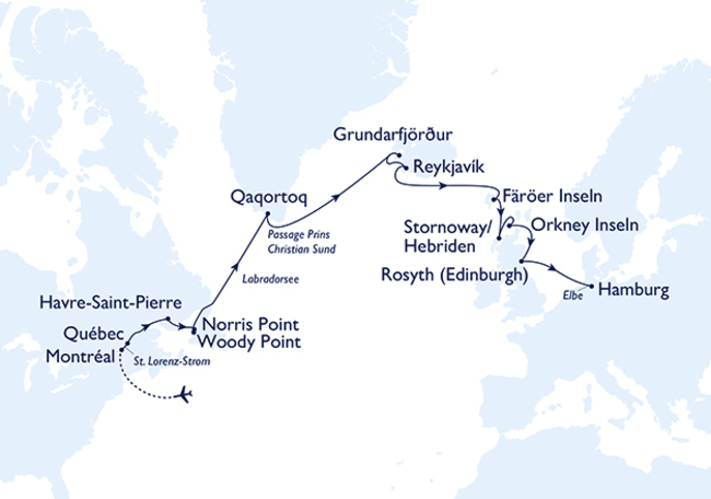 Routenkarte Von Kanada über Grönland und Island bis nach Hamburg