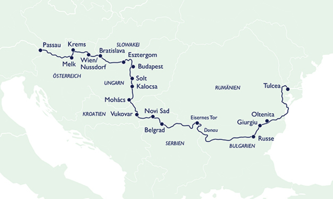 Routenkarte Große Europareise auf der Donau bis zum Delta