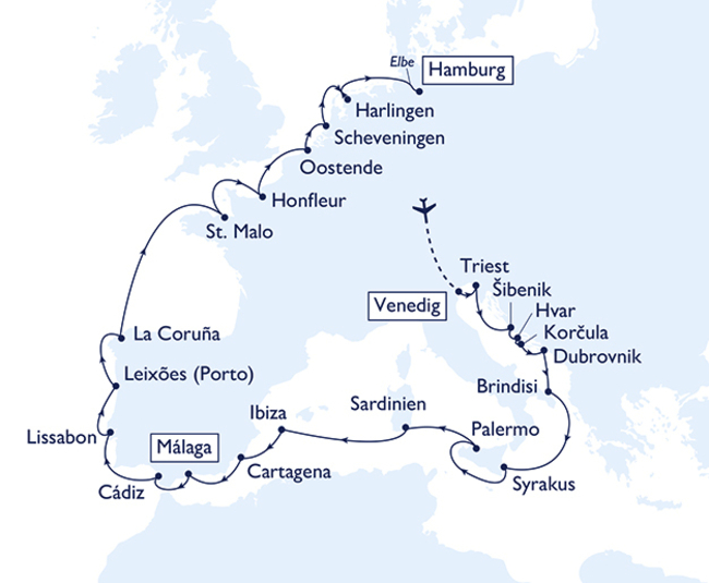 Routenkarte Traumhafte Frühlingsreise durch das Mittelmeer bis nach Hamburg