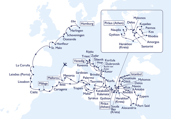 Routenkarte Mittelmeer & Westeuropa intensiv