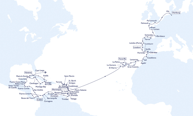 Routenkarte Von Hamburg in die Karibik bis nach Kuba