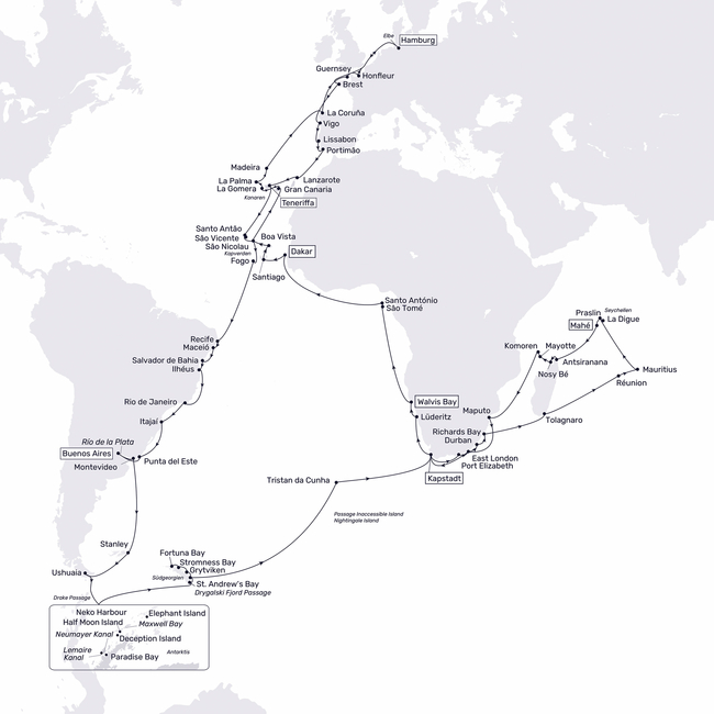 Routenkarte The trip of a lifetime! Discover 4 continents