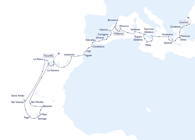 Routenkarte From the Canary Islands and Cape Verde to the most beautiful islands in the Mediterranean