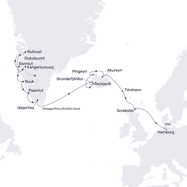 Routenkarte Von Hamburg über Island nach Grönland