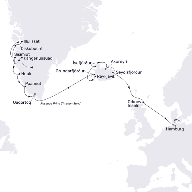 Routenkarte Von Grönland über Island bis nach Hamburg