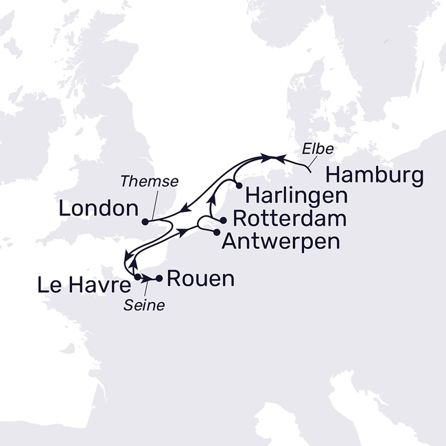 Routenkarte England, Frankreich, Belgien und Niederlande