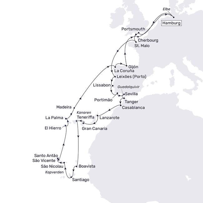 Routenkarte Von Hamburg zu den Kanaren & Kapverden und zurück nach Hamburg