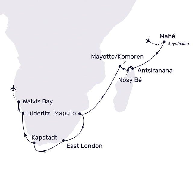 Routenkarte Von den Seychellen nach Südafrika und Namibia