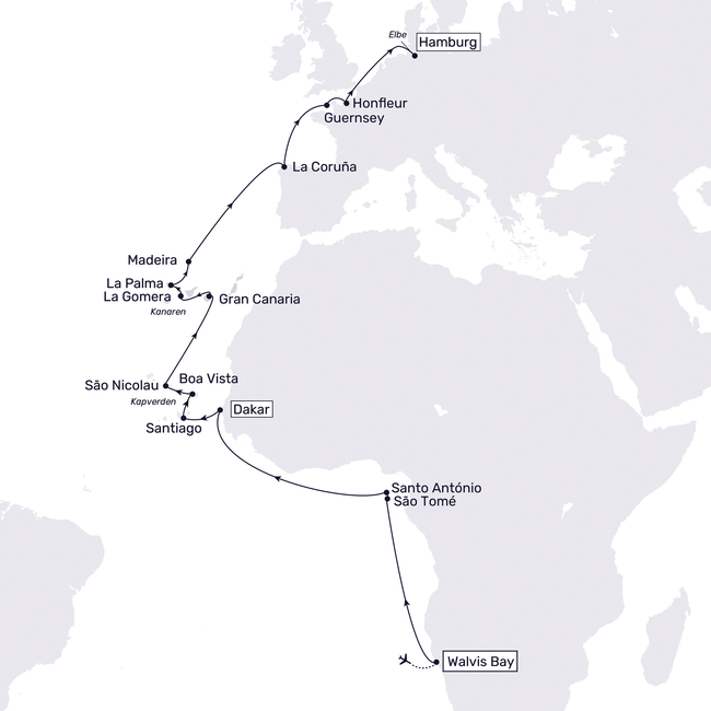 Routenkarte Namibia – São Tomé und Príncipe – Kapverden – Hamburg