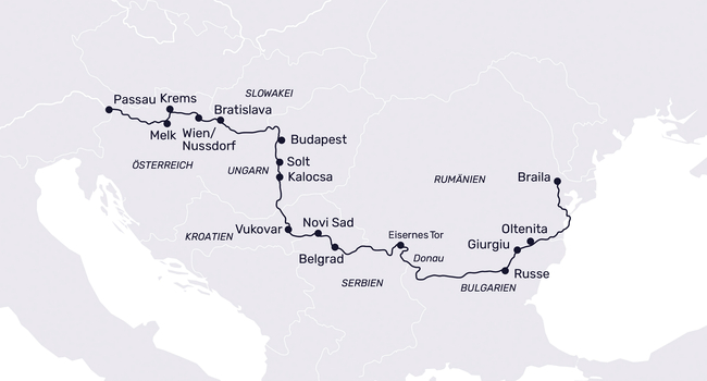 Routenkarte Entlang der Donau bis zum Delta