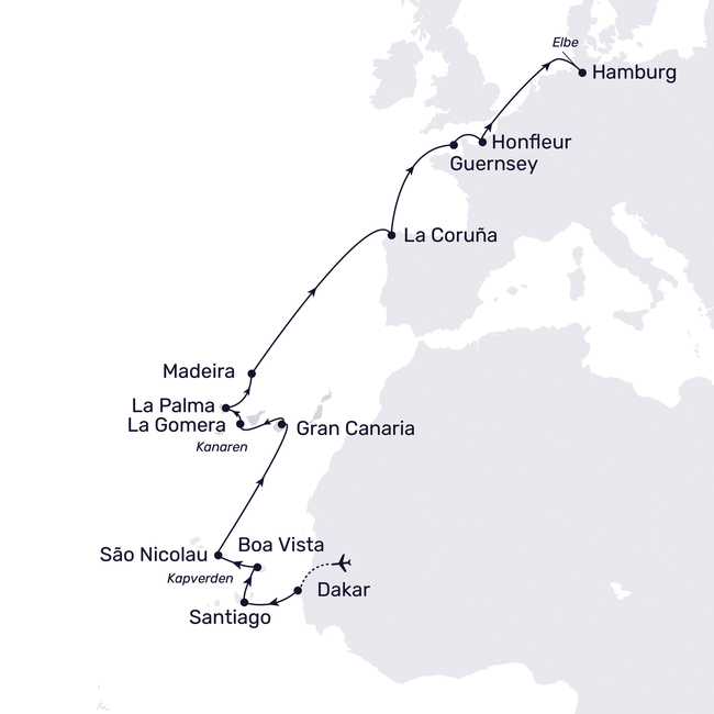 Routenkarte Senegal – Cape Verde – Madeira – Western Europe – Hamburg