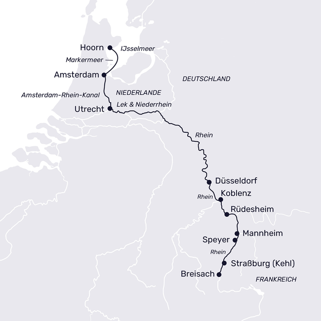 Routenkarte Rheinfahrt durch Holland und Deutschland