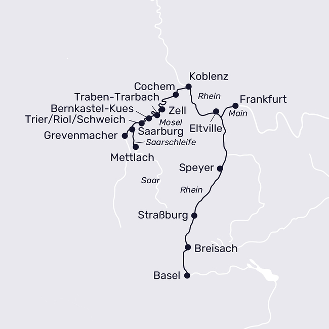 Routenkarte 4-Länder Kreuzfahrt mit Mosel, Saar und Rhein