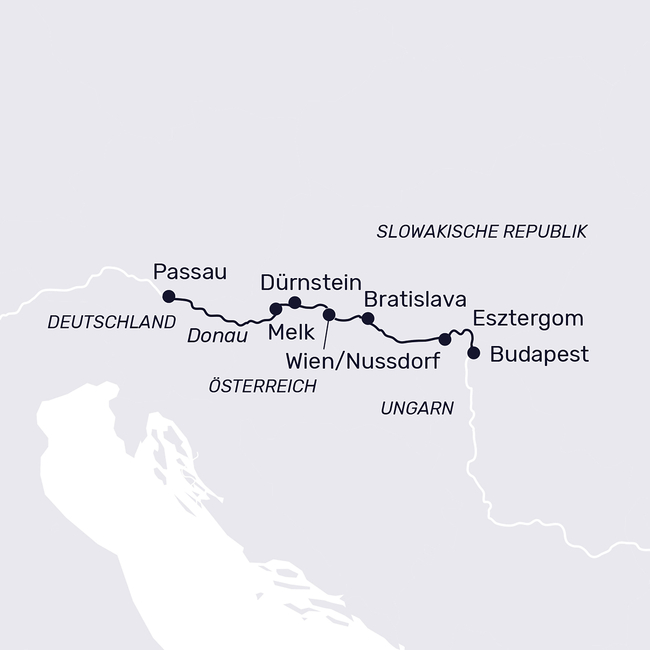 Routenkarte Donau – ein Fluss, vier Länder