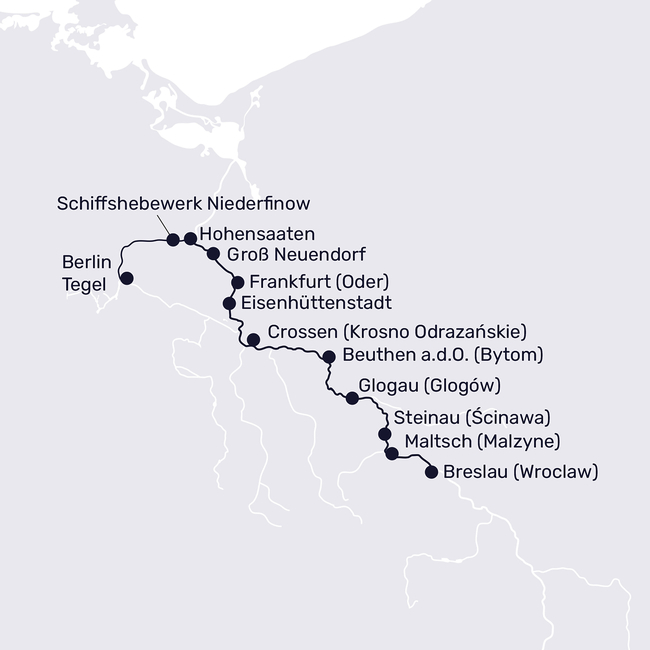 Routenkarte Auf der Oder bis nach Breslau