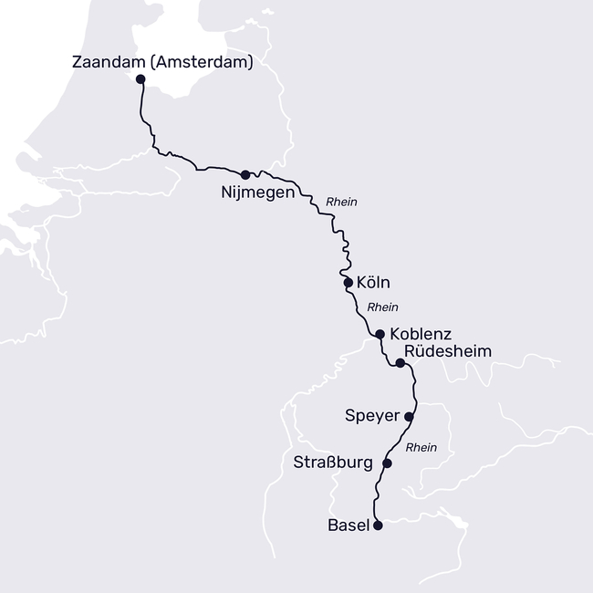 Routenkarte Der imposante Rhein in seiner ganzen Länge