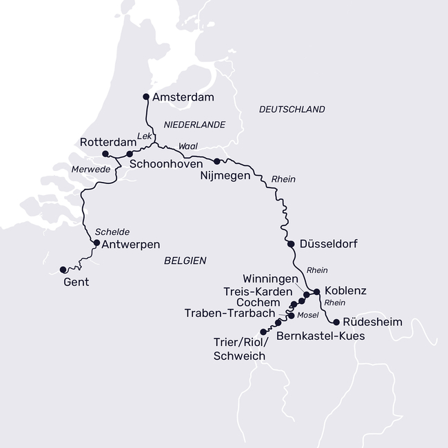 Routenkarte On the way in Holland, Belgium and on the Moselle