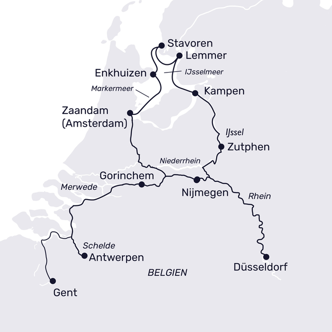 Routenkarte Von pulsierenden Städten bis zu idyllischen Häfen: Belgien und die Niederlande von A bis Z