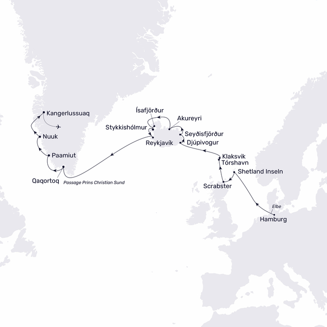 Routenkarte Sonnenfinsternis in Grönland