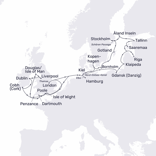Routenkarte Von Großbritannien bis ins Baltikum