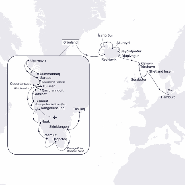 Routenkarte Sonnenfinsternis und das Beste von Grönland und Island