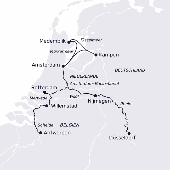 Routenkarte Holland trifft Belgien: Kultur, Kanäle & das IJsselmeer