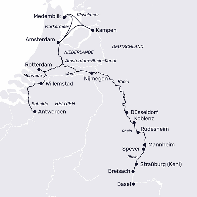 Routenkarte Quer durch Westeuropa: Holland, Belgien, Frankreich