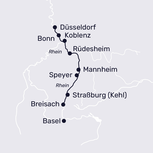 Routenkarte Rhein-Romantik bis Straßburg & Breisach (Basel)