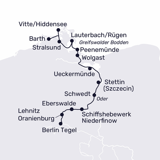 Routenkarte Hauptstadt trifft Küste – unterwegs von Berlin nach Stralsund