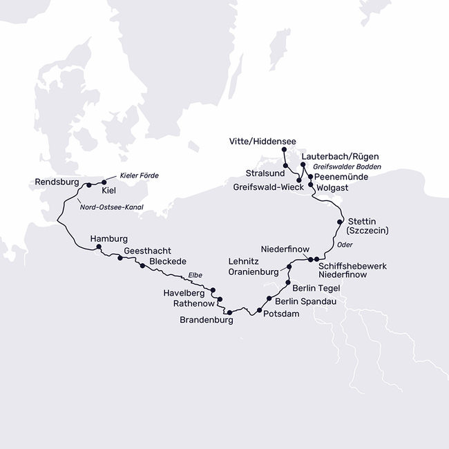 Routenkarte Norddeutsche Wasserwelten – unterwegs auf Oder und Elbe