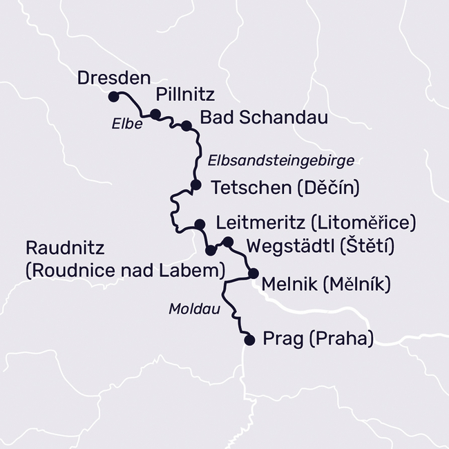 Routenkarte Auf Elbe & Moldau bis ins Herz Prags