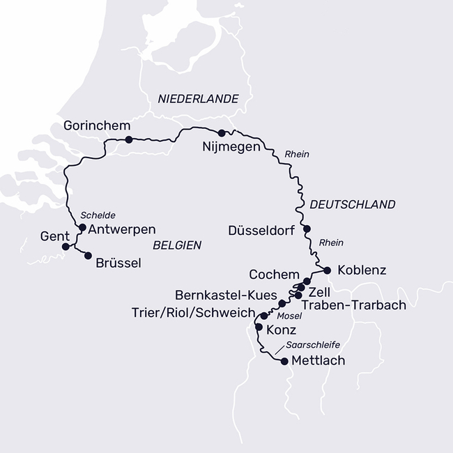 Routenkarte Genussreise durch Belgien und entlang der Mosel zur Saarschleife