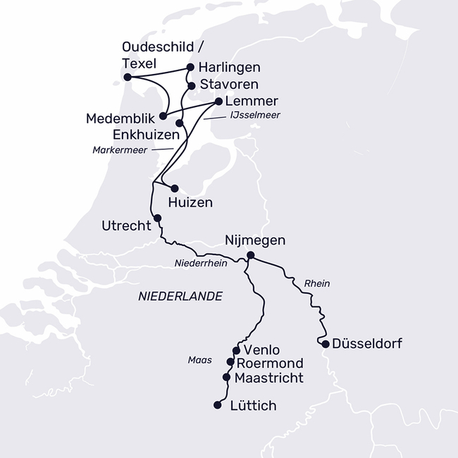 Routenkarte Highlights der Niederlande – vom IJsselmeer bis zur Maas