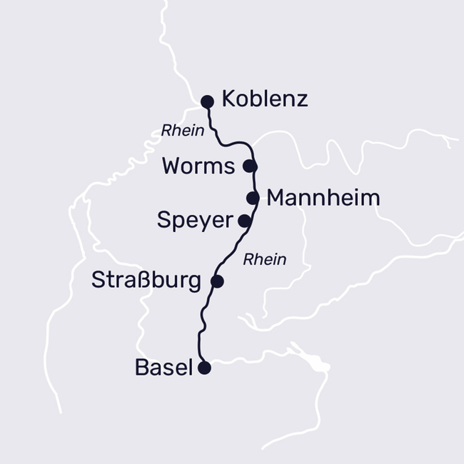 Routenkarte Rhein-Romantik bis Basel & Straßburg