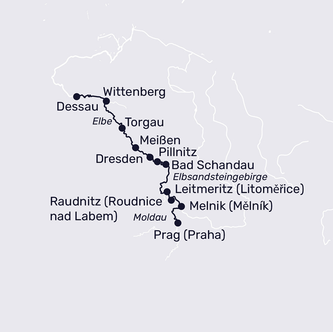 Routenkarte Weihnachten und Silvester auf großer Fahrt – Elbe trifft Moldau