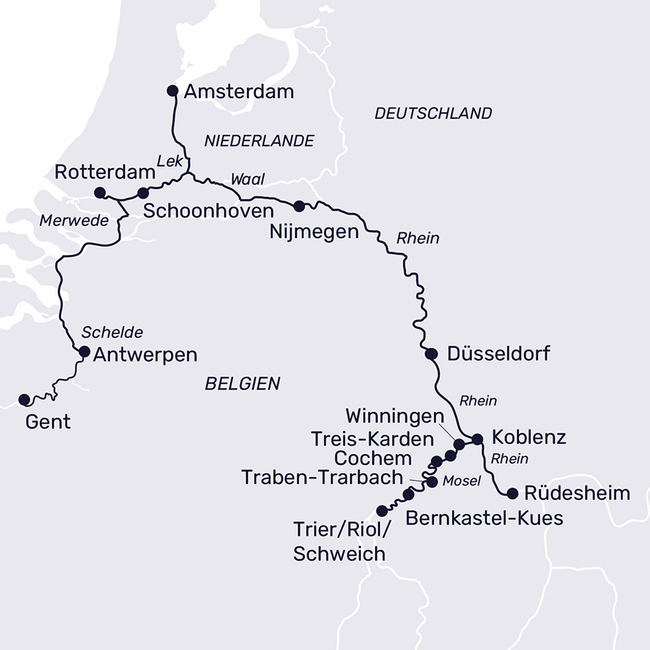 Routenkarte From canals to vineyards: Holland, Belgium & the Moselle