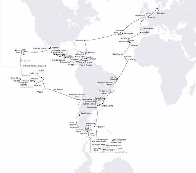 Routenkarte The cruise of a lifetime! Discover the world. 