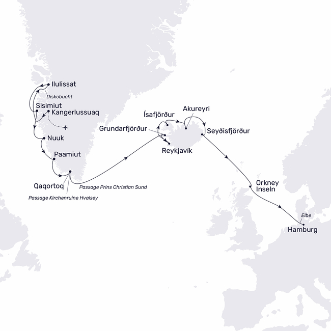 Routenkarte Im Bann des Nordens – ewiges Eis und grüne Inseln