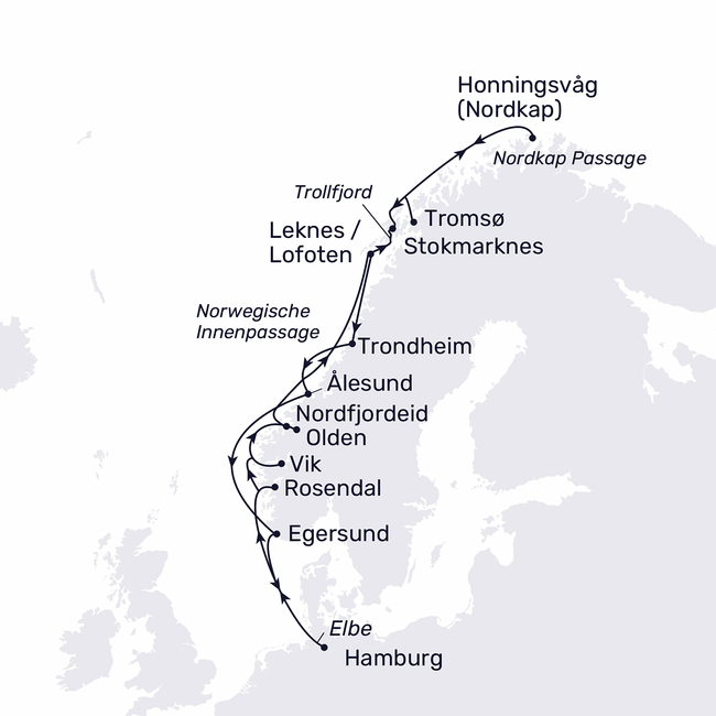 Routenkarte Im Licht des Mittsommers zum Nordkap