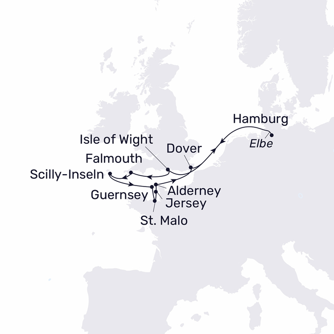 Routenkarte Kanalinseln im Sommerlicht