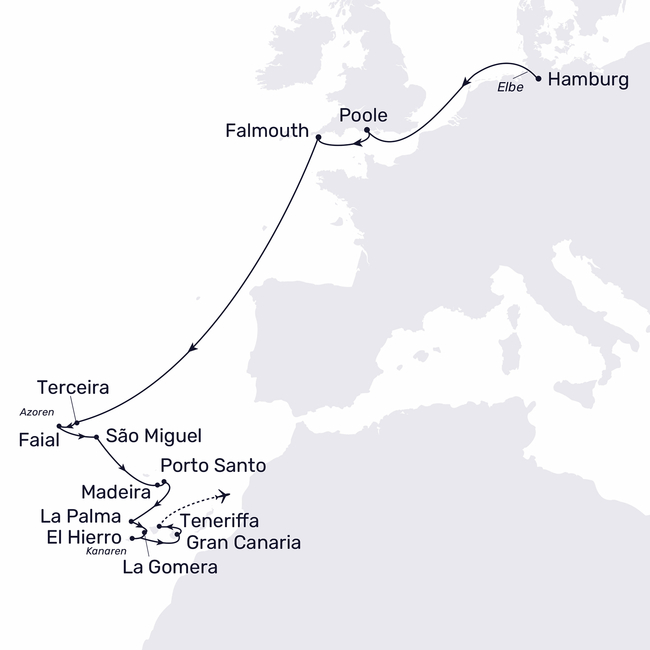 Routenkarte Inselhopping zu den Azoren und Kanaren