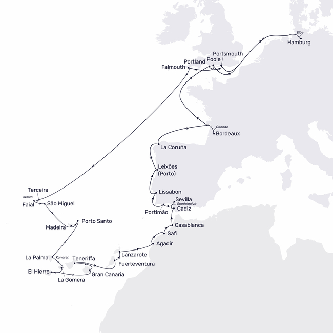 Routenkarte Inseln, Königstädte & Küsten – die große Atlantikreise