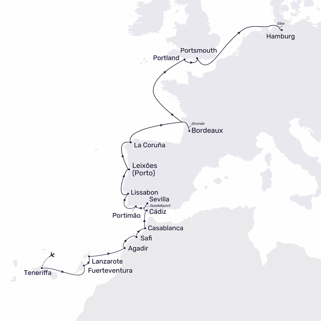 Routenkarte Atlantische Horizonte: Kanaren, Marokko und Europas Westküste