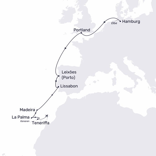 Routenkarte Die Iberische Halbinsel und der Zauber der Kanaren
