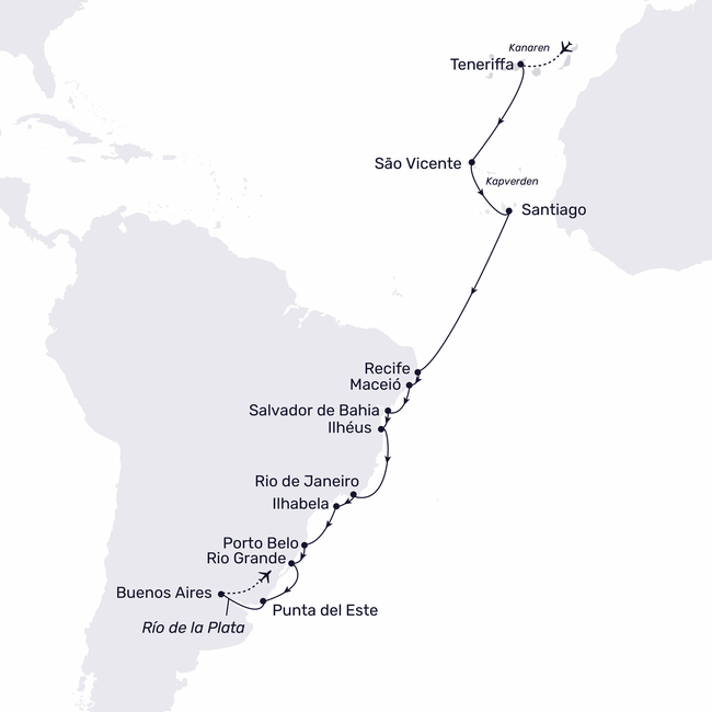 Routenkarte Kurs auf Südamerika und Silvester in Rio