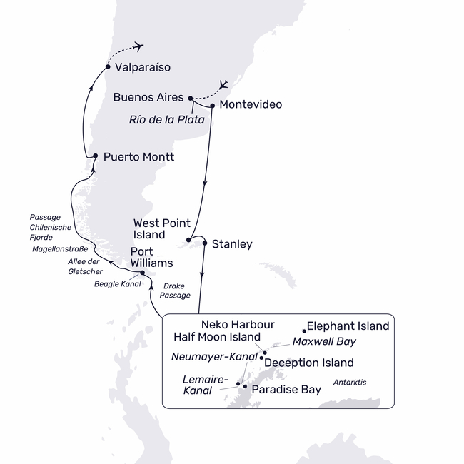 Routenkarte Expedition Antarktis und Chilenische Fjorde