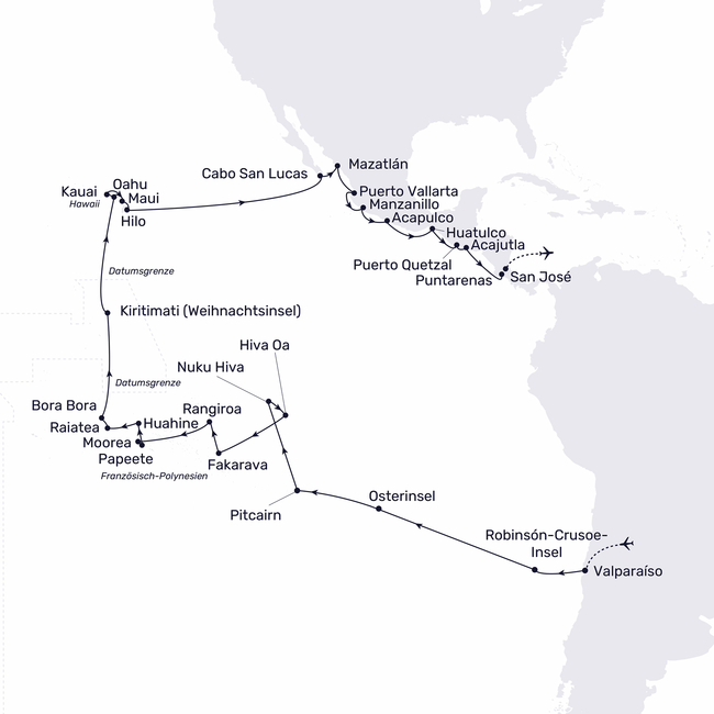 Routenkarte Südsee, Hawaii und Lateinamerika