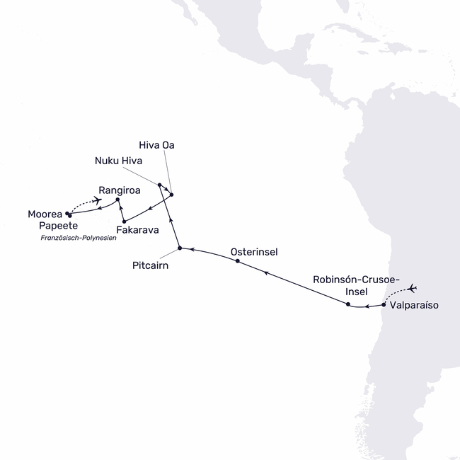 Routenkarte Kurs Südsee: Osterinsel und Polynesien